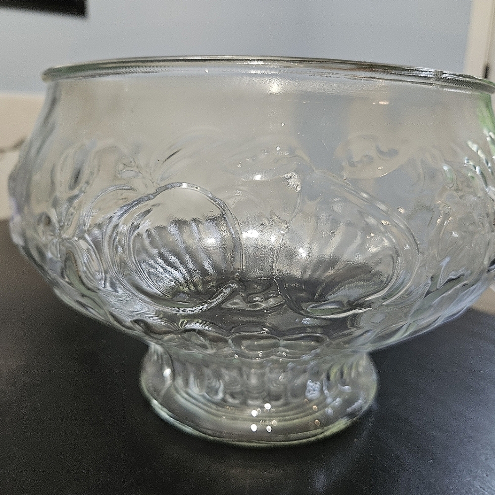 Vintage Jeannette Glass Embossed Fruit Round Punch Bowl 7 1/2" Tall Grape Apple